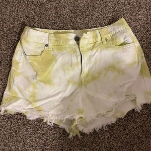 aerie Yellow and White Tie-Dye Frayed Hem Denim Shorts